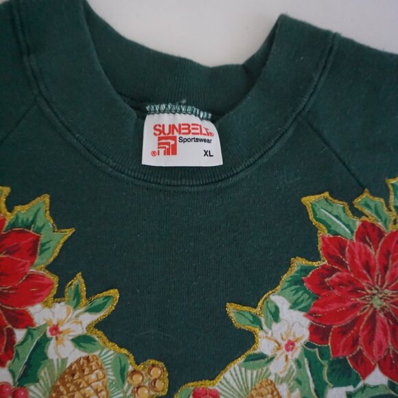 Vintage Sunbelt Green Poinsettia Pinecone Holiday Floral Sweatshirt Christmas XL - Picture 8 of 9